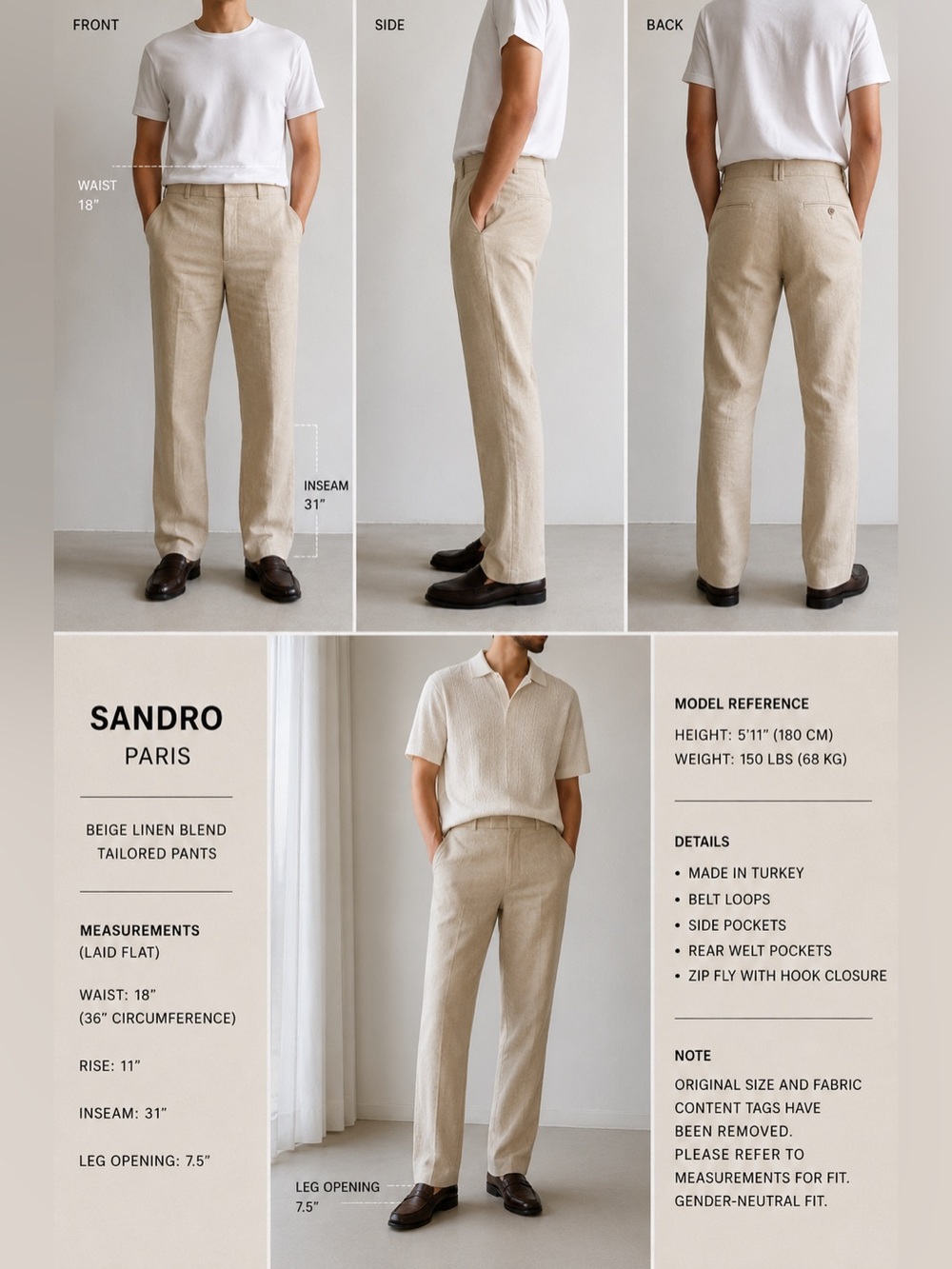Sandro Paris Beige Linen Blend Tailored Pants 36x31